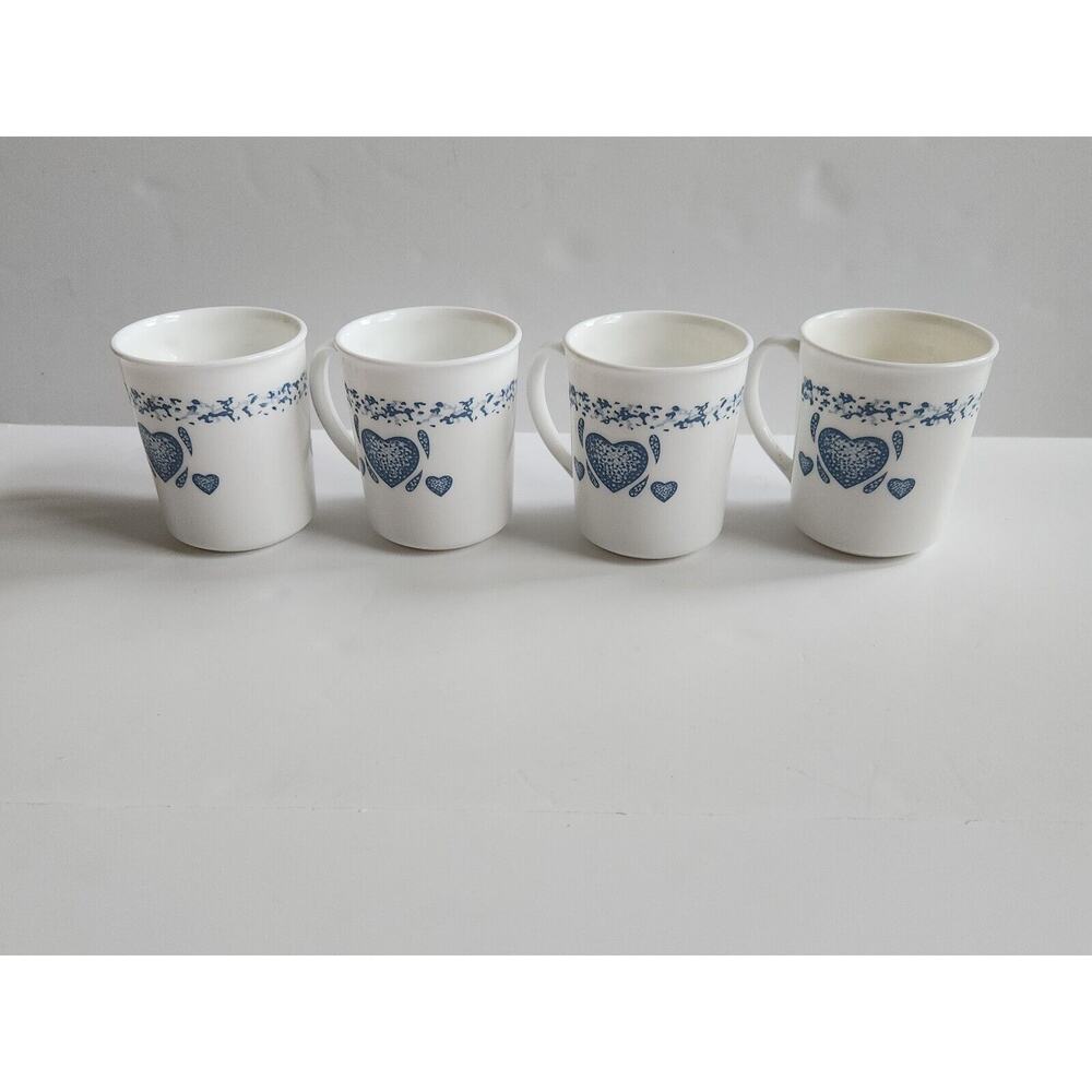 Corning, Blue Hearts, 4 tall mugs, straight side, USA, Vitrelle, set